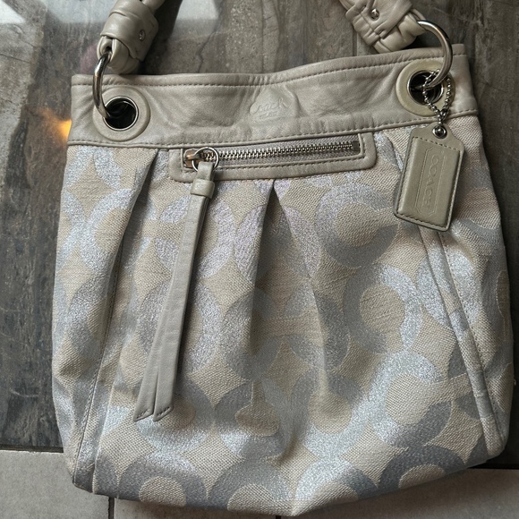 Coach Handbags - Coach Metallic Silver and Taupe Signature Hobo Bag